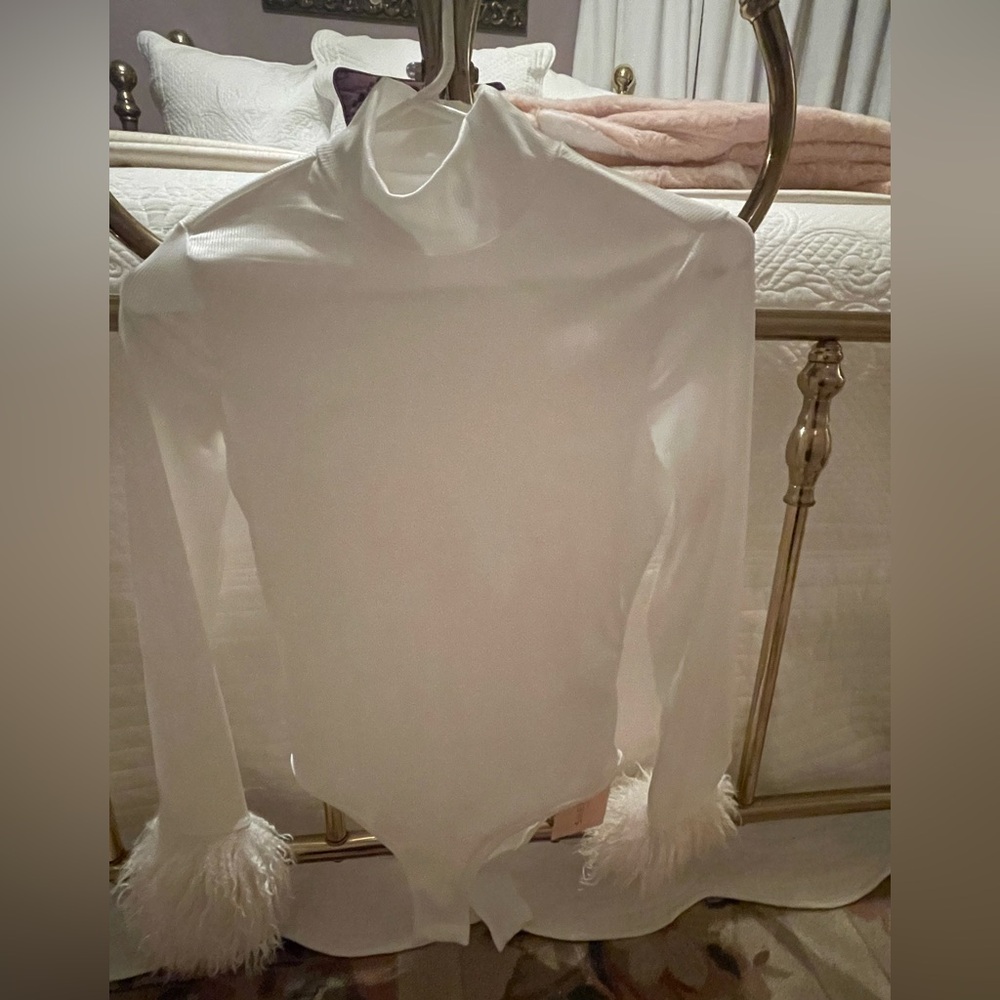 New White Feather Cuff Bodysuit. Beautiful medium weight  ribbed, soft fabric